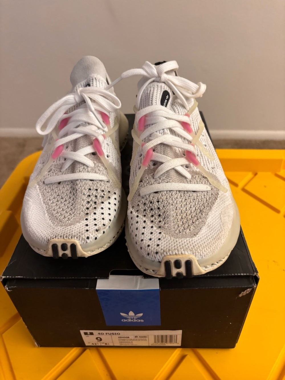 adidas 4D Fusio White and Pink Knit Running Sneakers